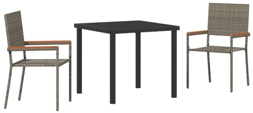 GFMGUEMV Poly-Rattan Essgruppe mit Kissen 3er Set Grau, Garten Tischgruppe 3-teilig mit Sicherheitsglas-Tisch und gepolsterten Stühlen