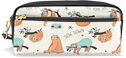 Bleistift Fall, niedliche Faultier bedruckt Reise Make-up Pouch Large Wasserdicht Leder 2 Fächer für Mädchen Jungen Damen Herren