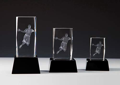Henecka Handball-Pokal, Glastrophäe 3D-Lasermotiv Handball, Kristallglas, schwarzer Glassockel, mit Wunschgravur, Größe 14 cm