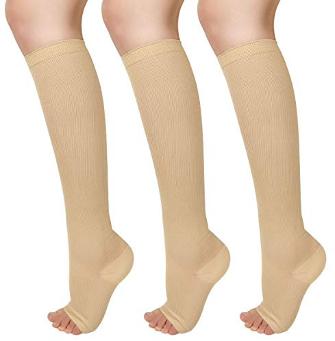 Ikfashoni 3 Paar Kompressionsstrümpfe für Damen Herren Medizinische Kniestrümpfe offene Spitze Waden Kompressionsstrümpfe Thrombosestrümpfe Stützstrümpfe für Abgestufte Krampfadern lutzirkulation