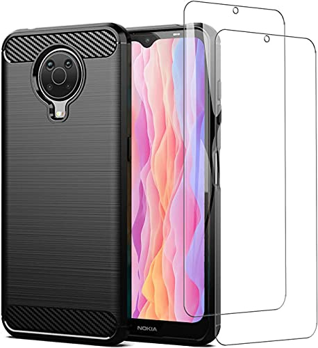 SCL Hülle Für Nokia G10/G20 Panzerglas und Hülle Nokia G10/G20, [2 Stück, 9H Härte] Panzerglas und Carbon-Faser Gebürstete Textur Design Schutzhülle [Schwarz]
