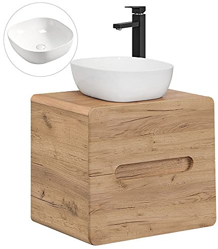 Lomadox Badmöbel Waschtisch Set mit 60 cm Unterschrank Keramik Aufsatz-Waschbecken, Wotan Eiche Nb. Dekor, 2 Softclose-Schubkästen