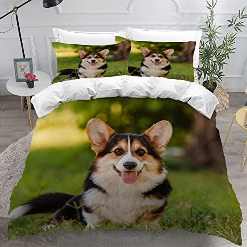 NYSMGS Bettwäsche 135x200 Kinder Corgi Bettbezug Set Haustier Welpe Bettwäsche-Set 3 Teilig Bedding Weiche Mikrofaser Bettbezüge Mit Reißverschluss und 2 Kissenbezug 80x80cm