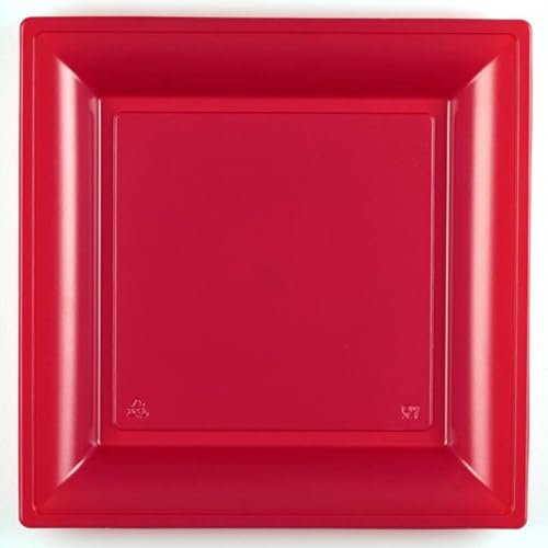 Plato reutilizable rojo Cerise | Juego de 36 platos de PE lavables en frío | Plato cuadrado de 24 x 24 cm | plástico duro |