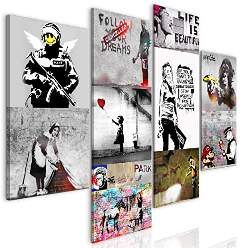 decomonkey Bilder Set Banksy 126x98 cm 4 Teilig Leinwandbilder Bild auf Leinwand Vlies Wandbild Kunstdruck Wanddeko Wand Wohnzimmer Wanddekoration Deko Modern Abstrakt Graffiti Street Art Beton grau