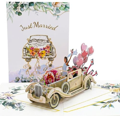 Sharonlily Vintage Wedding Car Pop Up Card, 3D Just Married Greeting Card with Bride & Groom, Romantic Anniversary Card, Engagement, Bridal Shower, Newlywed Gift for Couples