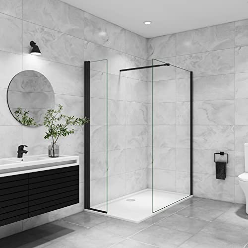 AICA paroi de douche à l'italienne 160x200cm avec barre de fixation 73-120cm en carré, paroi de douche pivotante 45x200cm, verre 8mm securit anticalcaire, profil Noir mat