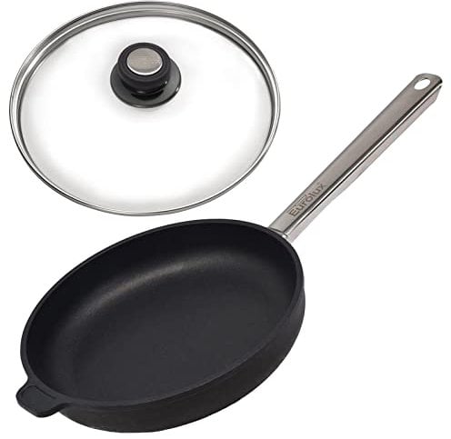 Eurolux Aluguss-Pfanne Set Induktion & Deckel Ø 26 cm (Edelstahlrand) - große runde Flachrandpfanne 5 cm - Gastro Bratpfanne mit Beschichtung - Made in Germany