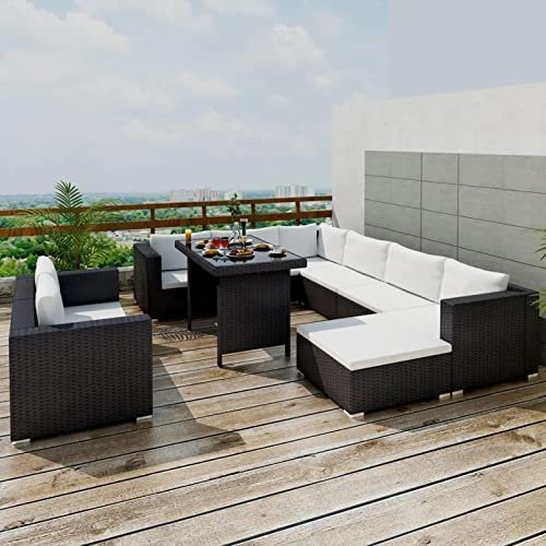 GuyAna 10-TLG. Garten-Lounge-Set mit Auflagen Poly Rattan Schwarz Gartenbank Mit Tisch