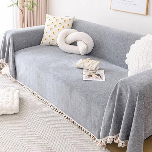 Mesnt Sofabezug Recamiere, Blau-grau Sofaschoner Überwurfdecke Sofaschutz für Katze/Hunde Einfarbiges Fischgrätenmuster mit Quaste aus Chenille, 180x230cm