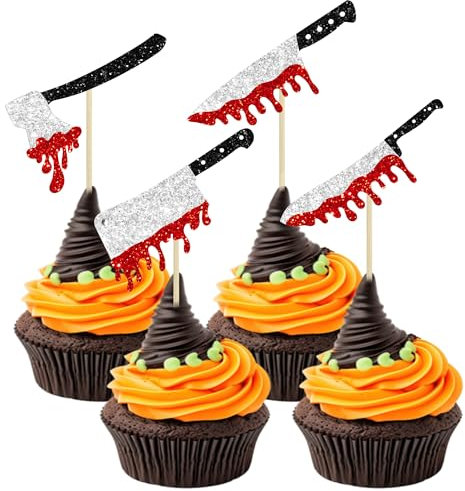 Lot de 24 décorations pour cupcakes d'Halloween à paillettes - Couteau de sang d'horreur - Décorations de gâteau d'anniversaire pour Halloween sur le thème du couteau de sang