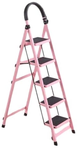 4-step 5-step Ladder Heavy Duty Steel Foldable Portable With Non-slip Pads Suitable For Home And Office Use (Color : Pink, Size : 5 Steps)
