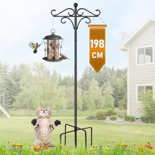 Bird Feeder Pole Stand, 198CM (Approx 2M) Adjustable Garden Hanging Basket Bird Feeding Station Hook, Heavy Duty Outdoor Metal Shepherds Crook for Solar Lights Lantern, Plant Hanger, 1 Pack