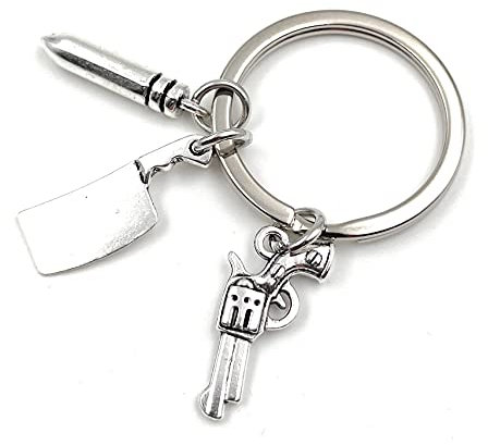 Onwomania Pistole Messer Patrone Crime Schlüsselanhänger Metall Glücksbringer in Alu Geschenkbox, ideal zum Verschenken