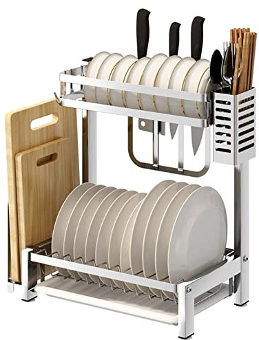 PINZHEN Estante para Platos Grande de 2 Niveles de Acero Inoxidable, escurridor de Platos para encimera de Cocina con Soporte para Palillos, Soporte para Platos Adhesivos