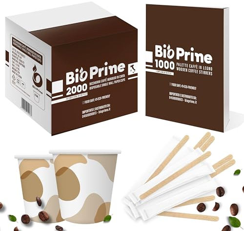 Bicchierini Caffè Carta + Palettine - 2000 Bicchierini + 1000 Palettine in Legno di Betulla - Bicchierini e Palettine Caffè Imbustate singolarmente - Bicchierini Usa e Getta