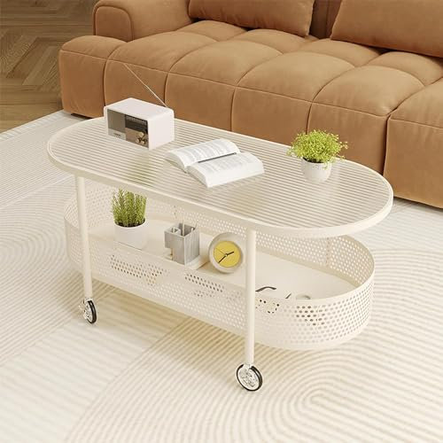 YJDZ Table basse en verre à 2 niveaux, plateau en verre trempé, table de cocktail ovale avec roulettes, table basse moderne pour salon, bureau (blanc, 70 x 40 cm)