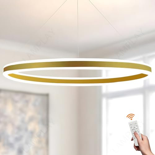 LAMPLAY Runde Moderne LED-Pendelleuchte, 1 Golden Ring-Kronleuchter, Dimmbar Mit Fernbedienung 3000K-6000K Deckenleuchte, Höhenverstellbar, Foyer, Wohnzimmer, Schlafzimmer, Esszimmer(Ø100cm)