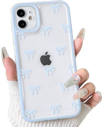 NITITOP Kompatibel mit iPhone 12 Mini Hülle Süßes Schleife Muster Band Fliege für Frauen Mädchen KameraobjektivFarbige Ränder Weiche TPU Saugfähige Handyhülle - Blau