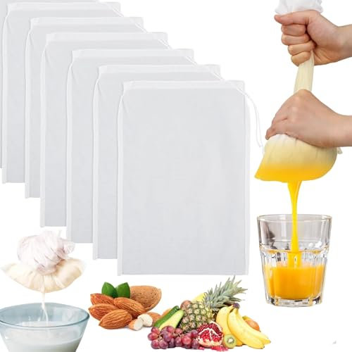Lot de 6 Sac a Lait Vegetal,20x30cm Réutilisables Mousseline Alimentaire - En nylon bio - Avec Cordon de Serrage - Cheese Cloth Pour Fromage,Jus de fruits,Café,Jus de Légumes,etamine alimentaire