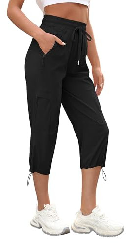StylSense Caprihose Damen Sommer Casual 3/4 Hose Atmungsaktiv Outdoor Jogginghose Wanderhose Stretch Leichte Sommerhose mit Taschen(Schwarz,L