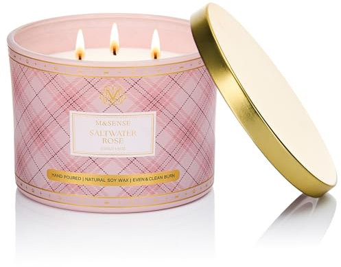 M&SENSE 330g Luxury Candela alla Soia Profumata Rosa D'Acqua Salata|3 Stoppini Cotone 65H, Aromaterapia Non Tossica, Barattolo Vetro Rigato Vintage, Regalo Donna Compleanno/Mamma Gift