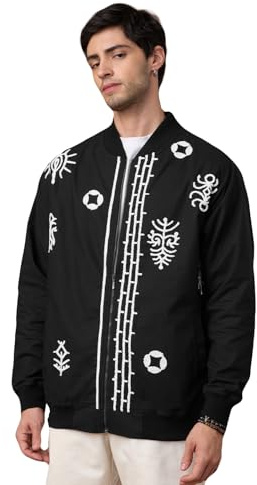 The Souled Store linnejacka: Aztekjacka för män och pojkar, helarm, bandkrage, svart broderi, bomull, linne, överdimensionerad passform, lätt bomberjacka för dagligt bruk