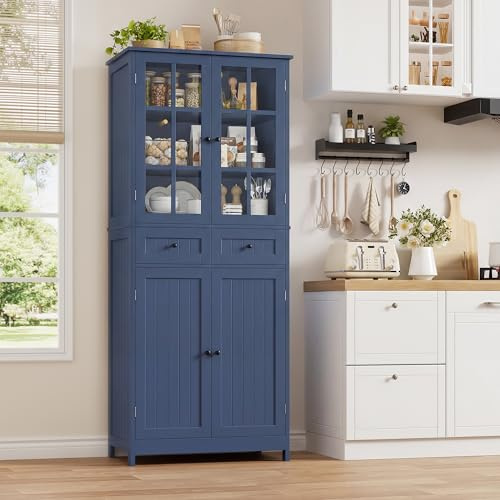 HOCSOK Küchenschrank, 180 cm Buffetschrank Vorratsschrank, 2 Glastüren,Blau | Hochschrank mit 4 Türen und 2 Schubladen, Küche für Esszimmer, Wohnzimmer, Badezimmer, MDF-Platte, 180×80×40 cm