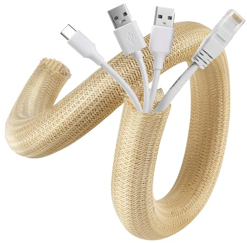 AGPTEK 6 m Cable Sleeve, 15-25 mm Self-Closing Cable Duct, Flexible Woven Cable Sheath, Cable Management for Desk, TV, Computer, PC, Cable Protection for Dogs, Cats, Yellowish-Brown