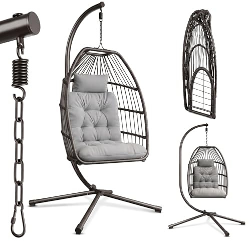 Xbro Silla Colgante de Exterior, Silla Colgante Huevo con Estructura de Acero y 4 Pies en Base, Columpio Jardin Exterior/Interior, Plegable, Capacidad 160Kg - Gris