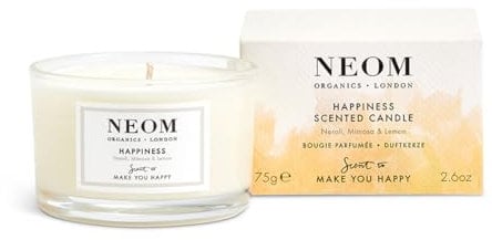 NEOM- Happiness Scented Candle, Travel Size | Essential Oil Aromatherapy Candle | Neroli, Mimosa & Lemon | Scent to Make You Happy,White,1101175