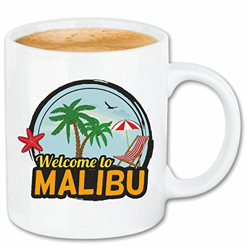 Reifen-Markt Kaffeetasse WELCOME TO MALIBU - SURFEN - TAUCHEN - DIVING - TAUCHERPARADIES Keramik 330 ml in Weiß
