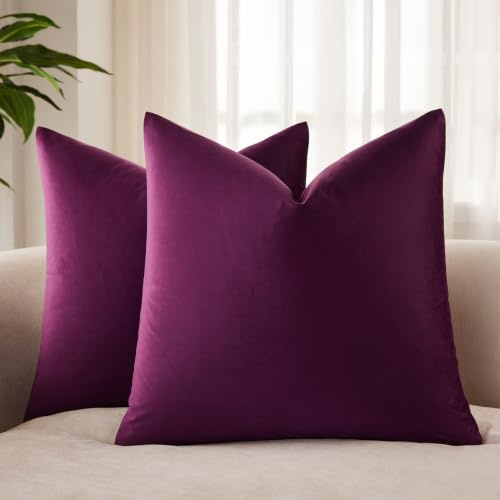 JUSPURBET Aubergine Purple Velvet Cushion Covers 45 cm x 45 cm Set of 2 for Living Room Couch Sofa Bedroom Decorative Square Solid Soft Cushion Covers with Invisible Zip