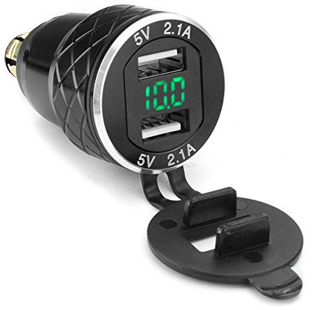 Alamor 12V-24V 4.2A Voltmètre Vert Moto Double Chargeur USB Din Prise pour BMW Moto - Noir