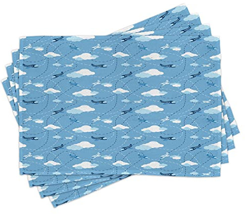 ABAKUHAUS Nursery Airplane Place Mats Set of 4, Kids Boys Aviation, Washable Fabric Placemats for Dining Room Kitchen Table Decor, Blue Dark Blue and White