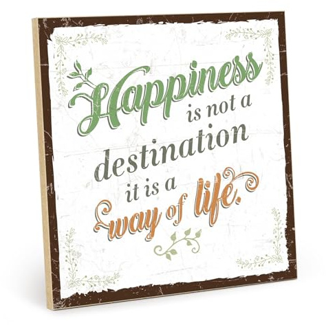 TypeStoff Holzschild mit Spruch – HAPPINESS IS NOT A DESTINATION – im Vintage-Look mit Zitat als Geschenk und Dekoration - HS-00657