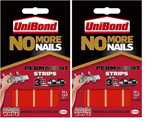 Unibond No More Nails Permanent Strips, Adhesive Strips for Fast & Easy Mounting, Double Sided Sticky Tape for Interior & Exterior Use, Waterproof Tape, 10 Count, 2 Pack
