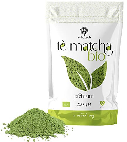 ERBOTECH Thé Matcha BIO/Thé Vert Japonais Biologique en Poudre, Sac de 200 g, Multivitamines 100% Naturel, Végétalien, Idéal pour les Desserts, les Smoothies, Thé glacé