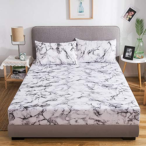 Damier Marmor Spannbettlaken 100x200cm Grau Weiß Marmor Muster Spannbetttuch Weiche Mikrofaser Boxspringbett Bettlaken geeignet für Matratzen von 30cm
