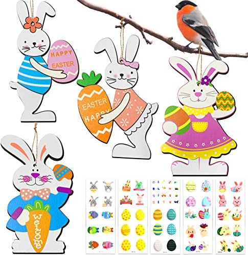 Osteranhänger Hase Holz, 4 Stück Osterhase Anhänger, Ostern Basteln Holz, Bastelset Kinder Ostern Mit Aufkleber, Osterhänger Osterschmuck, Ostern Handwerk Holz Ornamente mit Seilen (Blaues Pulver-4)