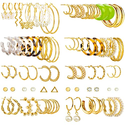 KALVICA 33/36 Pairs Gold Pearl Earrings for Women Girls Boho Hoop Earrings Set Fashion Chain Link Hoop Stud Earring Drop Dangle Earrings Hypoallergenic Birthday Party Jewelry Gift