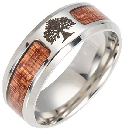 PAMTIER Bague Homme Arbre de Vie 8MM Anneau de Bande en Acier Inoxydable en Bois Incrusté Taille 60