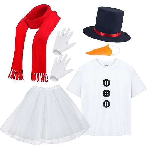 6-teiliges Weihnachts-Kostüm für Erwachsene, Schneemann-Kostüm-Set, Tutu, Rock, künstliche Karotte, Nase, Hemd, Schal, Mütze, Handschuhe für Frauen, Party, Cosplay, Schwarz/Rot/Weiß, XXL