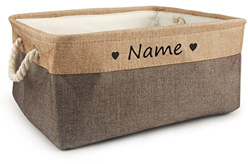 TONYFY Zusammenklappbarer Hundespielzeug-Aufbewahrungskorb mit Personalisiertem Haustiernamen und Gewebtem Seilgriff, Zum Aufbewahren von Hunde Katzen Zubehör, Haustierbedarf (Herz-Kaffee)