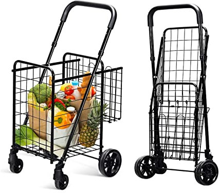 COSTWAY Klappbarer Einkaufstrolley, Einkaufswagen mit Universalrädern & Doppelkorb, 48L+10L, Tragbarer Handwagen mit Verstellbarer Griff, Rollwagen Allzweckwagen für Wäsche Einkaufen Gepäck (Schwarz)