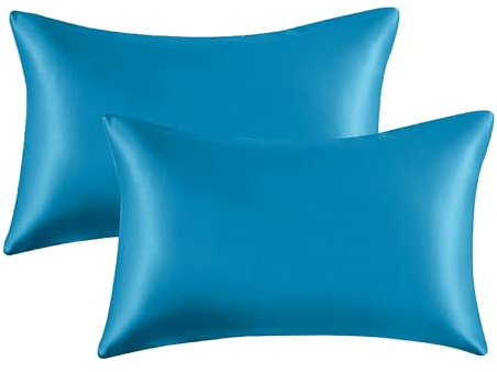 My home store Satin-Kissenbezug, türkis, 2 Stück, Seidenkissenbezug, antibakteriell, hypoallergen, Standardgröße 50 x 75 cm