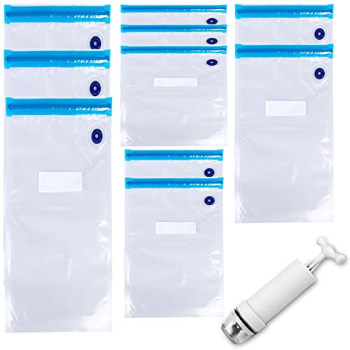 Vakuumtüten für Lebensmittel - 10 Wiederverwendbare Vakuumbeutel mit 1 Handpumpe, BPA-frei Vakuumierbeutel, Vakuumierbeutel Sous Vide Set Taschen(22 x 21cm * 2+22 x 28cm * 3+22x34cm * 3+26x28cm * 2)