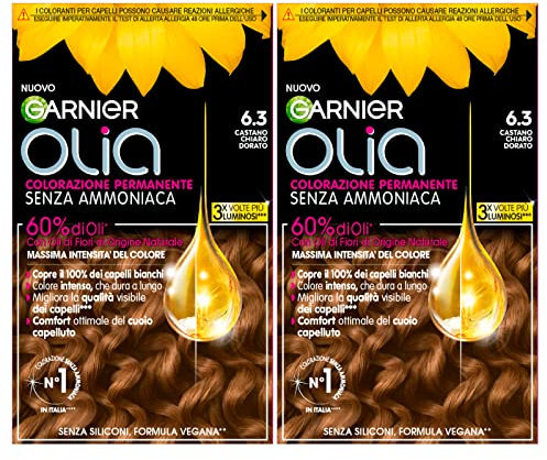Garnier Olia Permanente Haarfarbe, ohne Ammoniak, Färbung mit Blütenölen natürlichen Ursprungs mit aufhellender und pflegender Wirkung, Farbe 6.3 Hellbraun Gold - 2 Packungen