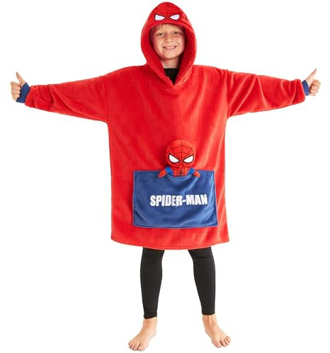 Marvel Spiderman Hoodie Decke mit Ärmeln, Sherpa Kapuze & Fronttasche mit Beigefügtem Spiderman Plüsch