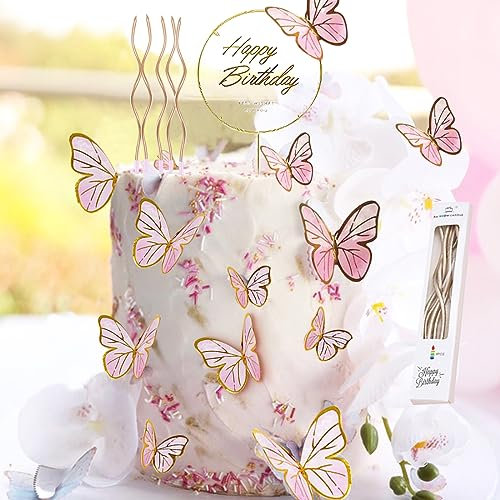 Tortendeko Schmetterlinge,12 Stück Torten Deko Geburtstag Schmetterlinge mit Geburtstagskerzen,Happy Birthday Cake Topper für Mädchen Fraue Kuchen Deko Geburtstag,Cupcake Muffin Deko,Rosa